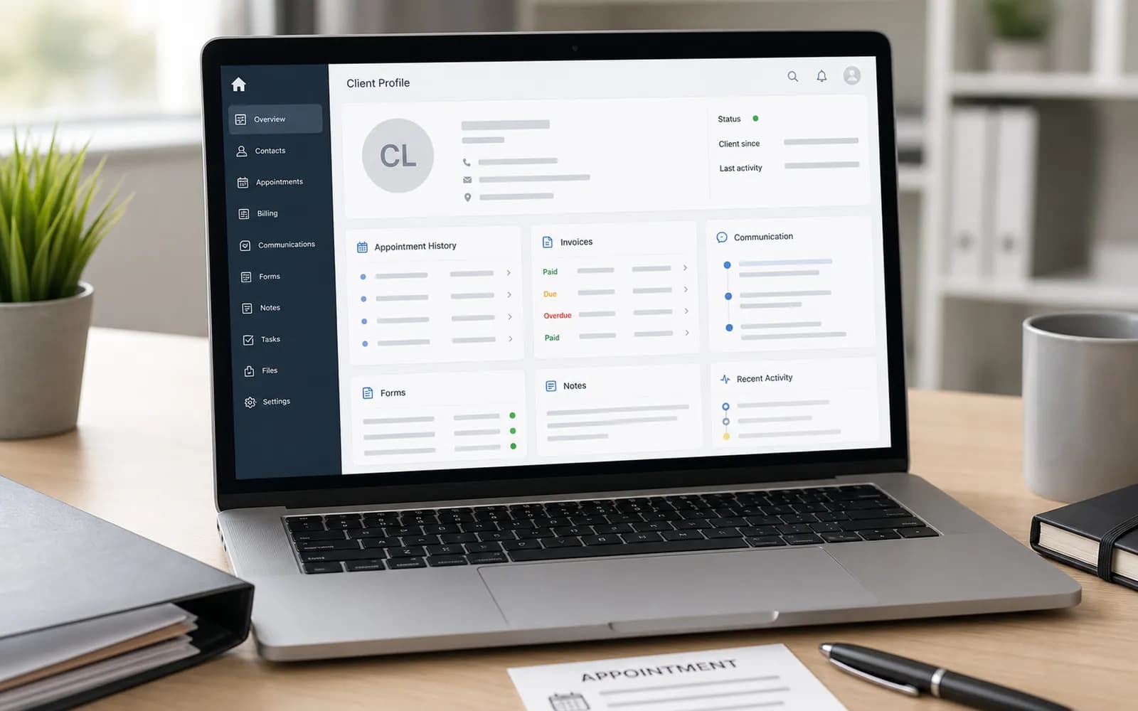 Client profile CRM dashboard displayed on a laptop with appointment and billing history.