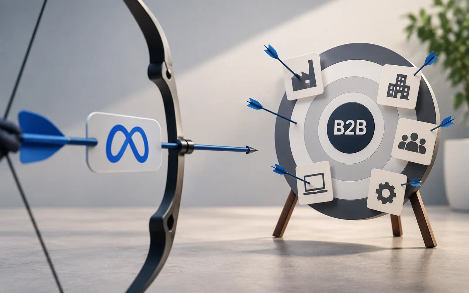 Illustration of an arrow with the Meta logo aimed at a target marked B2B, ringed by business icons.