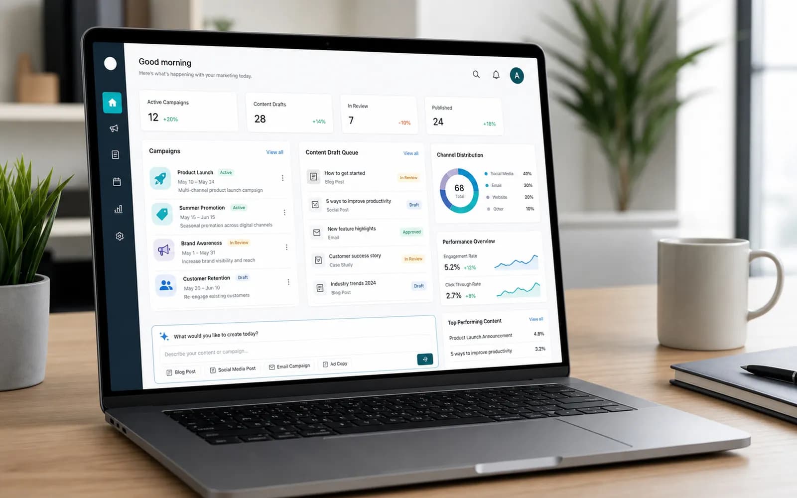 Marketing dashboard open on a laptop in a bright professional office.