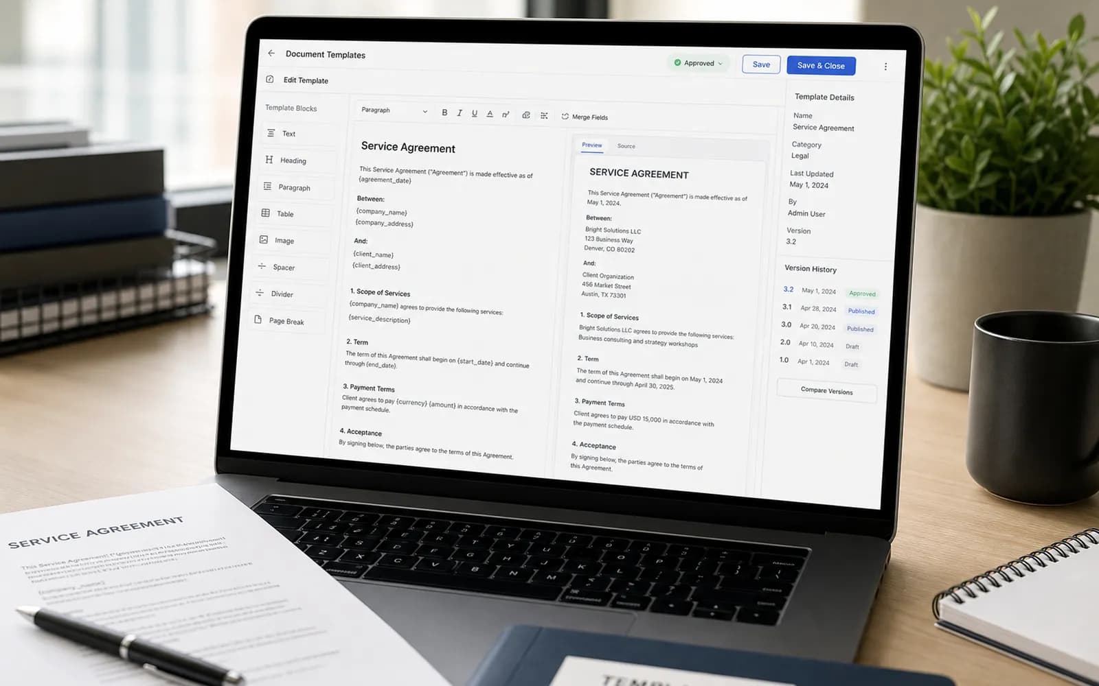 Document template editor displayed on a laptop with merge fields and preview pane.