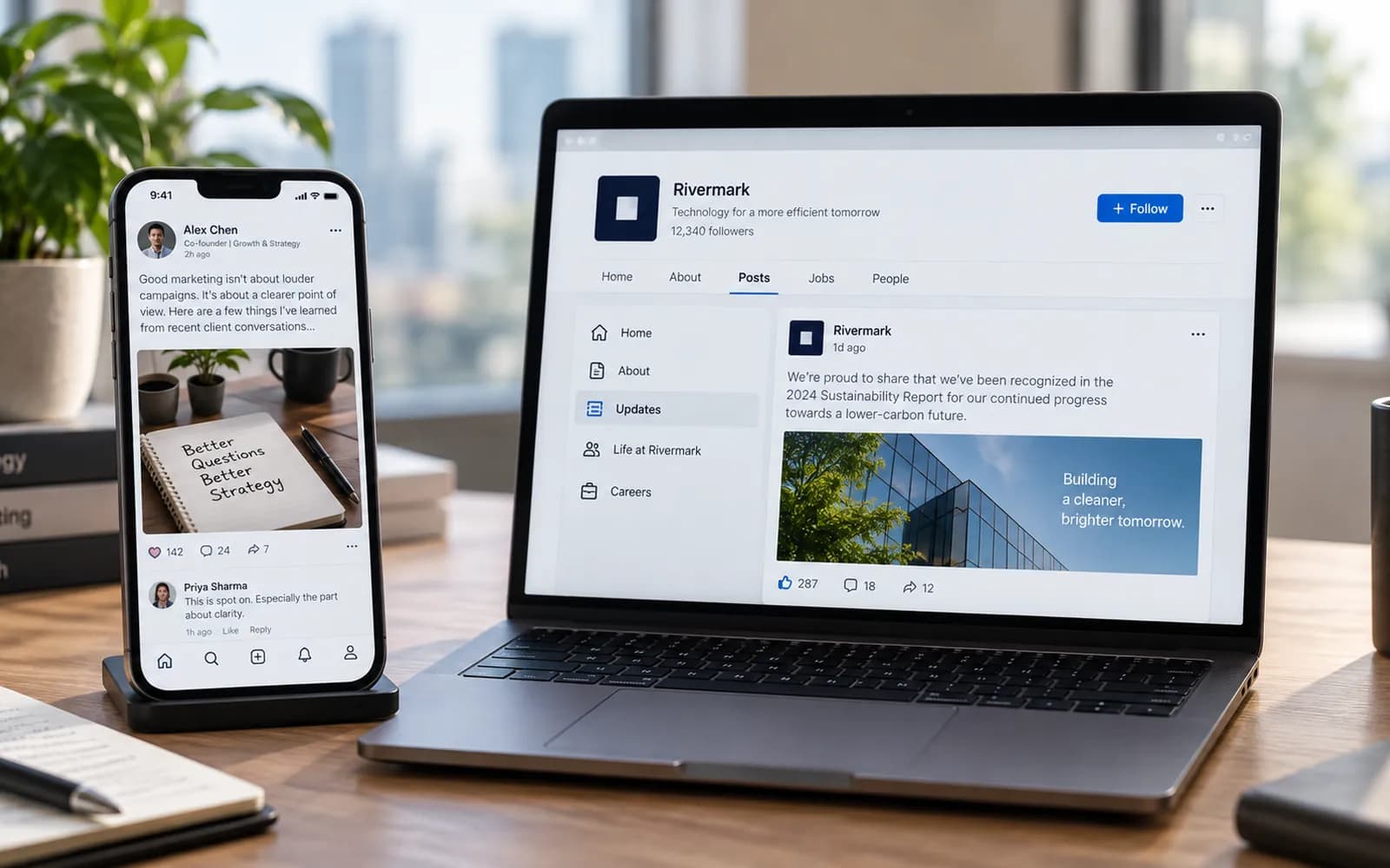 A phone showing a founder post beside a laptop showing a company page.