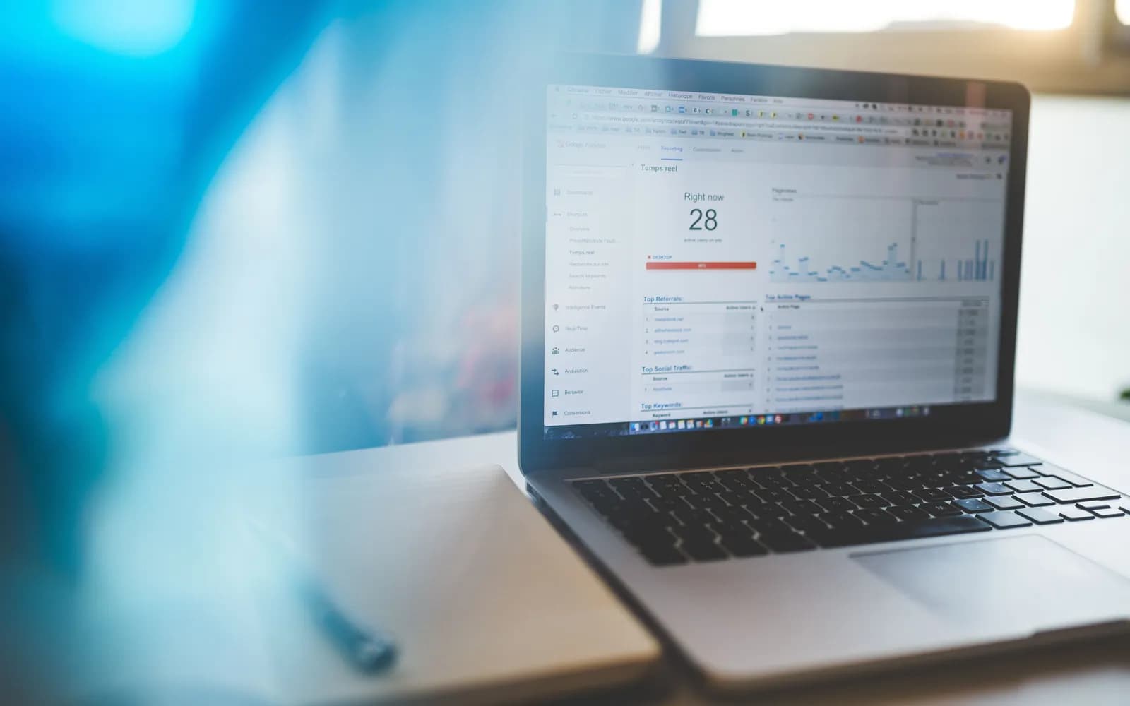 Laptop displaying Google Analytics in a modern workspace, highlighting digital analytics and technology.