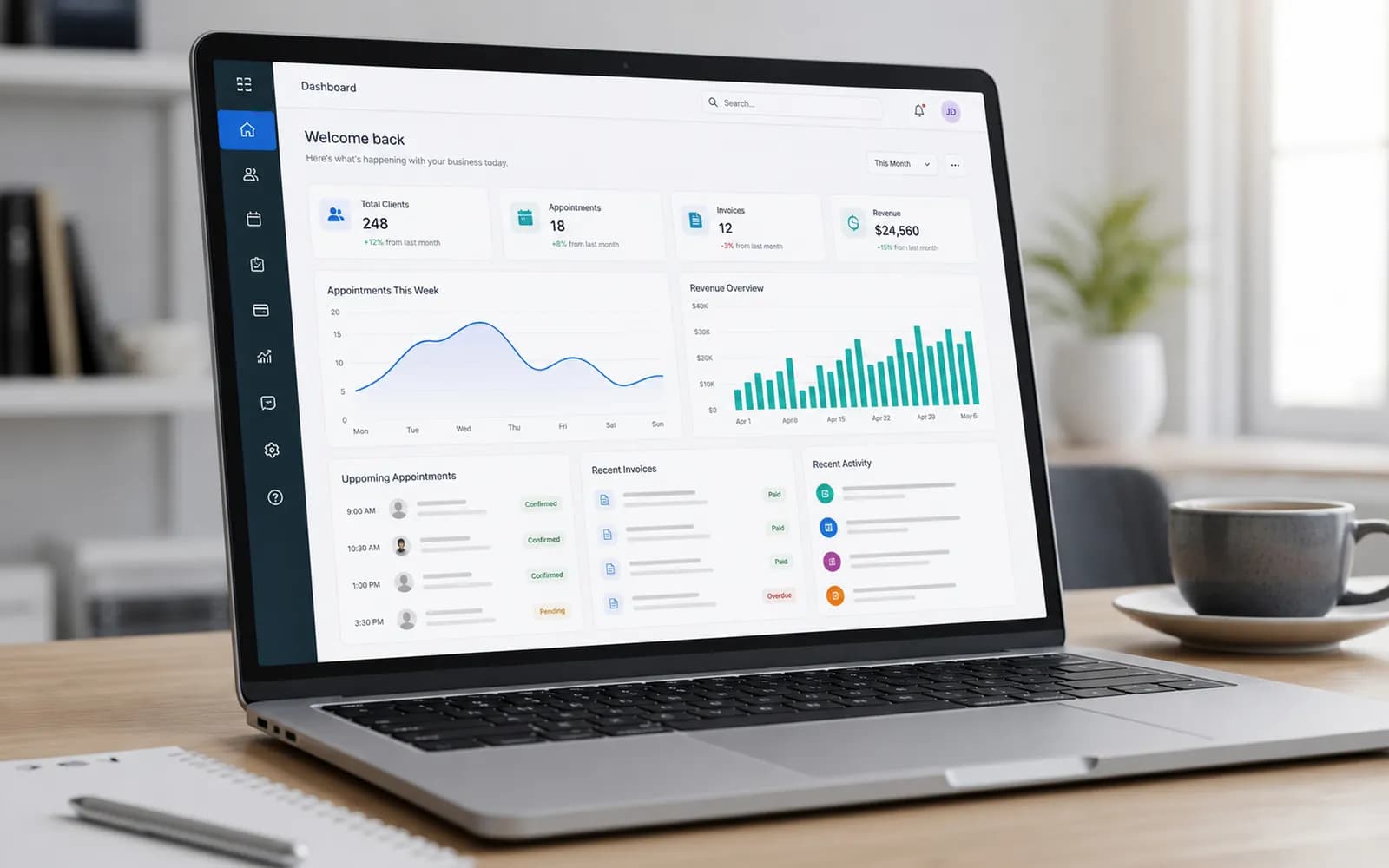 CRM overview dashboard on a laptop with widgets and activity cards.