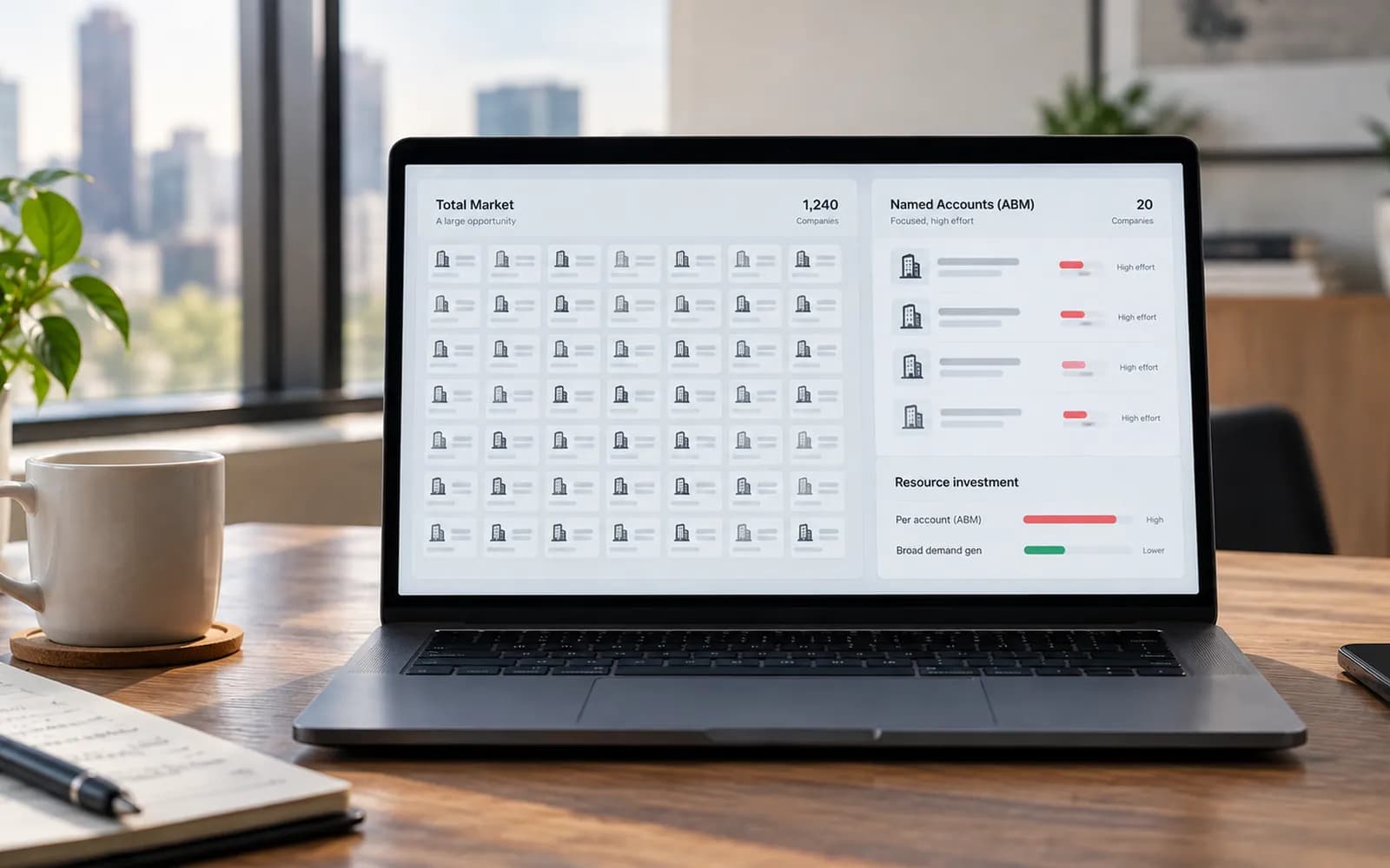 A laptop comparing a total market of companies with a short list of named accounts and the resource each needs.