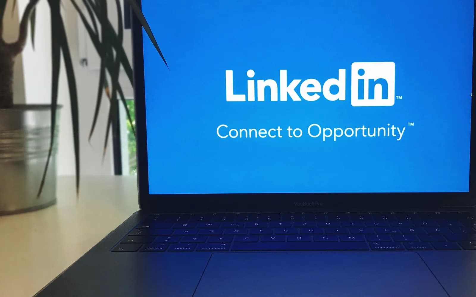 A laptop screen displaying the LinkedIn logo with the text 'Connect to Opportunity'.