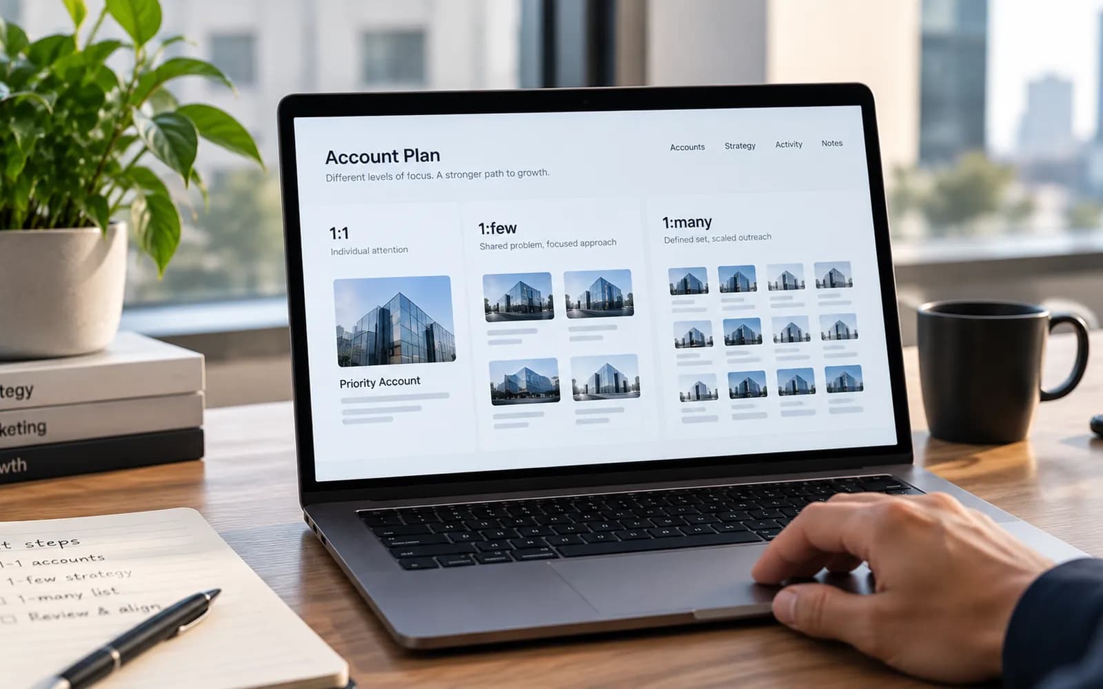 A laptop showing an account plan split into 1:1, 1:few and 1:many tiers.