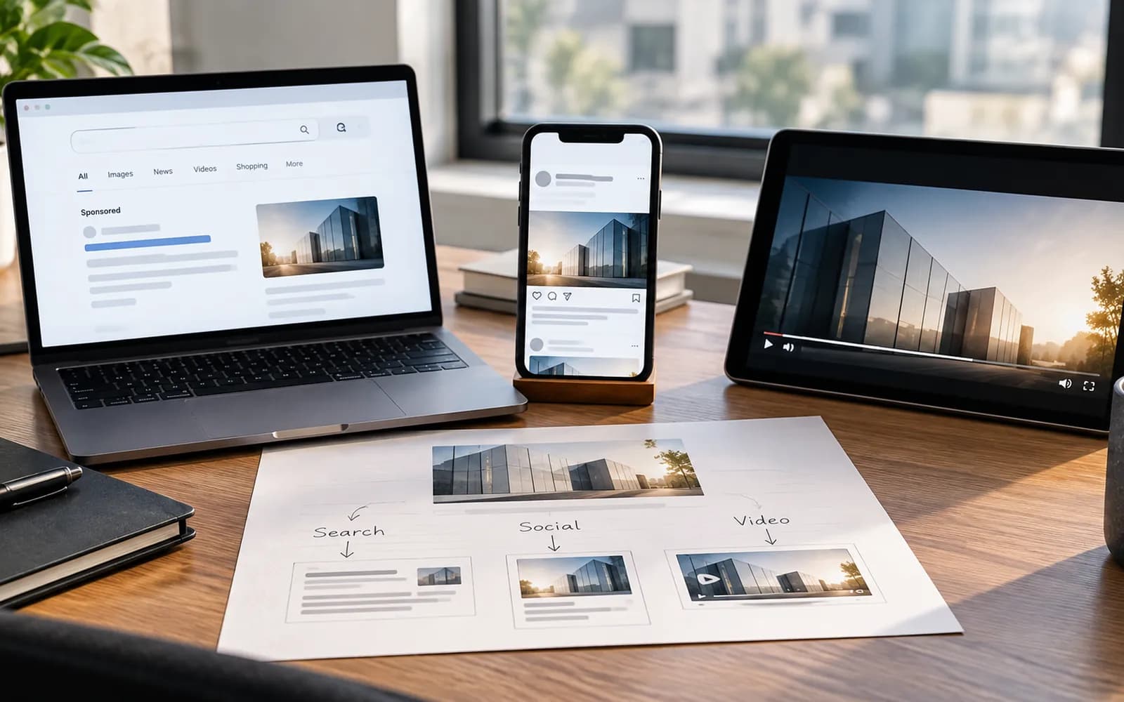 One image adapted for a search ad on a laptop, a social post on a phone and a video on a tablet, above a sketch mapping search, social and video.