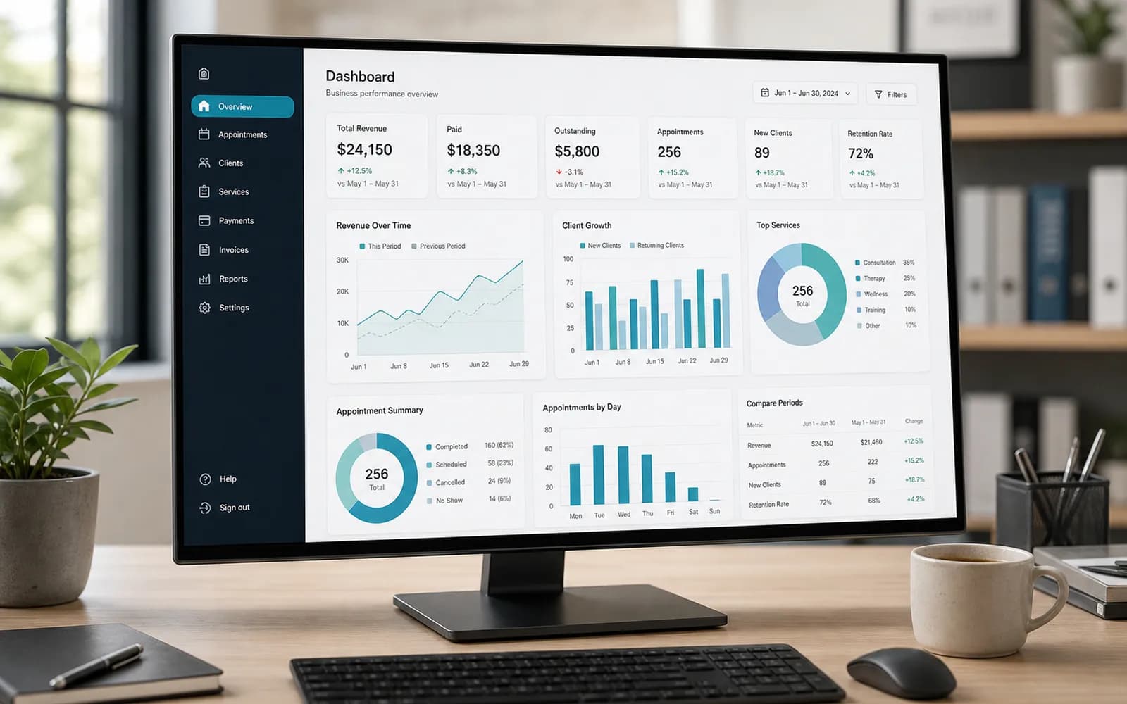 CRM analytics dashboard with charts and metrics on a desktop monitor.