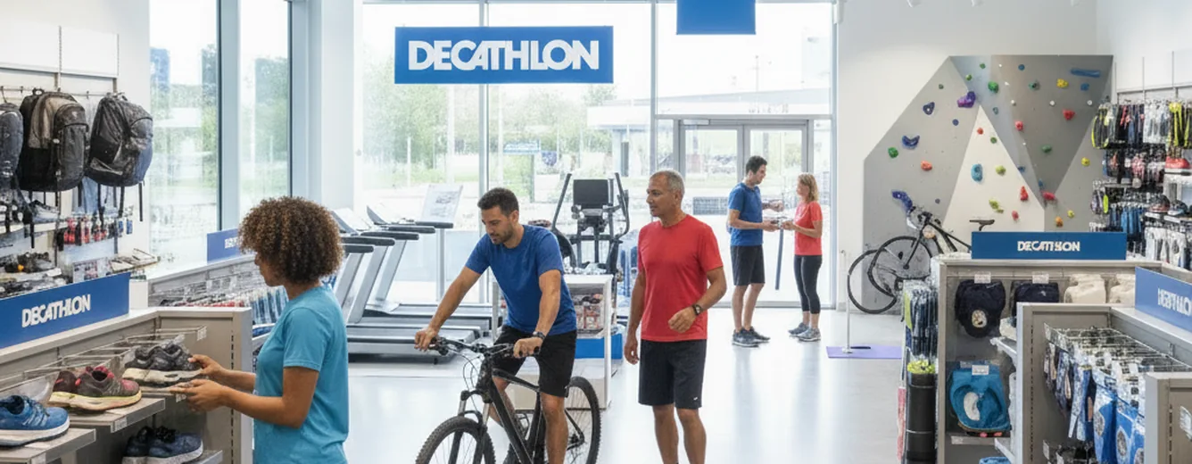 Illustration of a sports retail floor with bicycles, a climbing wall and shoppers.