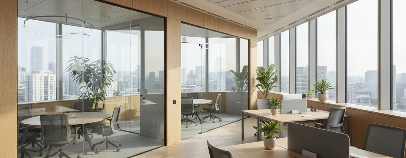 Illustration of a daylit open-plan office with meeting tables and a city skyline beyond.