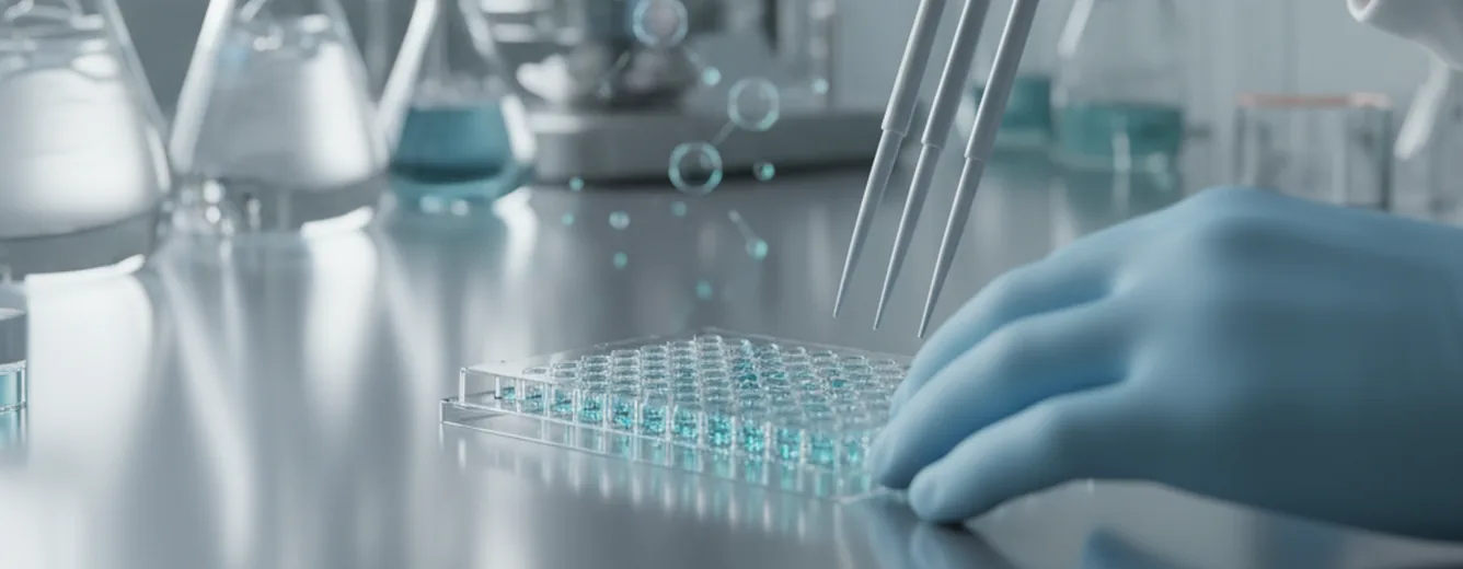 Illustration of a laboratory bench with a gloved hand placing a sample tray.