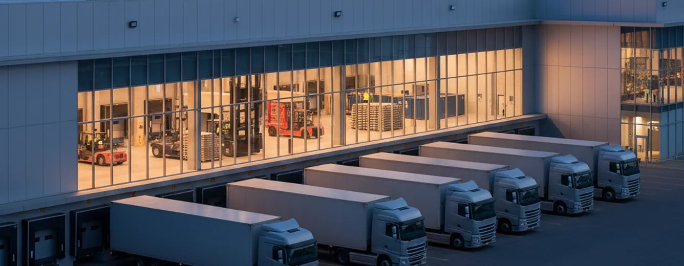 Illustration of a lit logistics warehouse at dusk with loading bays and parked trailers.