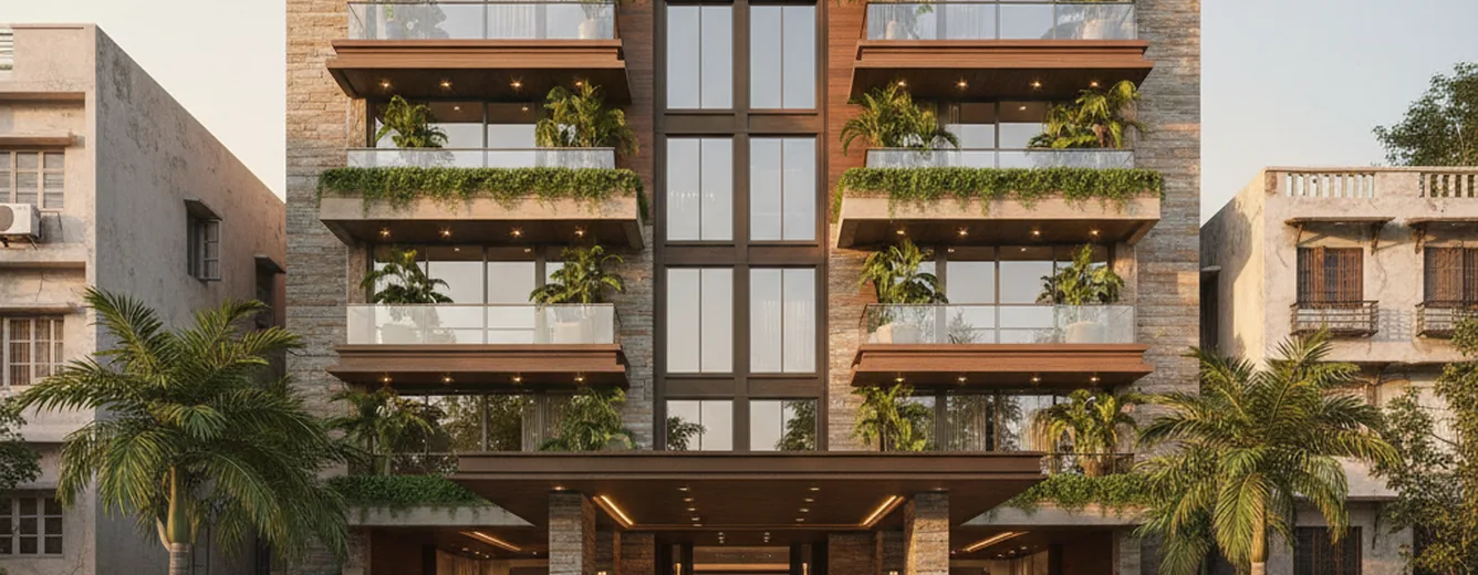Illustration of a low-rise residential building with planted balconies and palms.