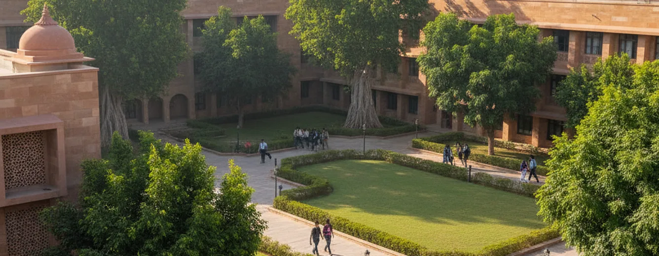 Illustration of a college campus quadrangle with lawns, trees and walkways.