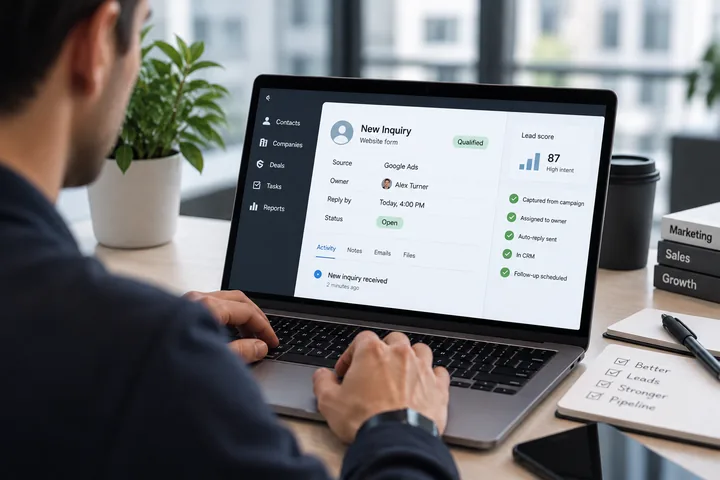 A laptop showing a new inquiry record in a CRM with its source and owner.