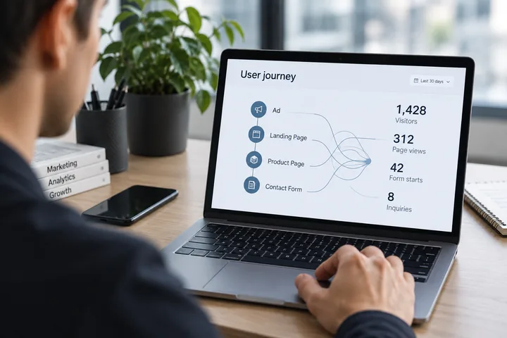 A laptop showing a buyer journey from ad to landing page to contact form.