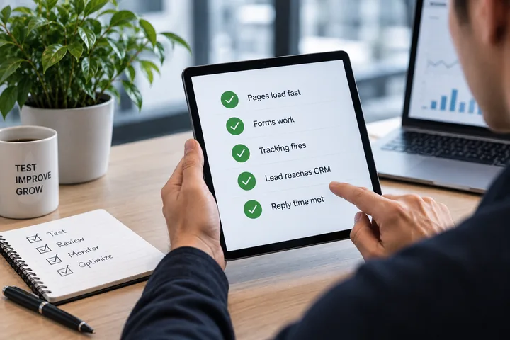 A tablet showing a checklist of passed checks for pages, forms, tracking and replies.